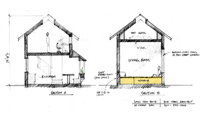 Section sketch of Long Thin Cottage